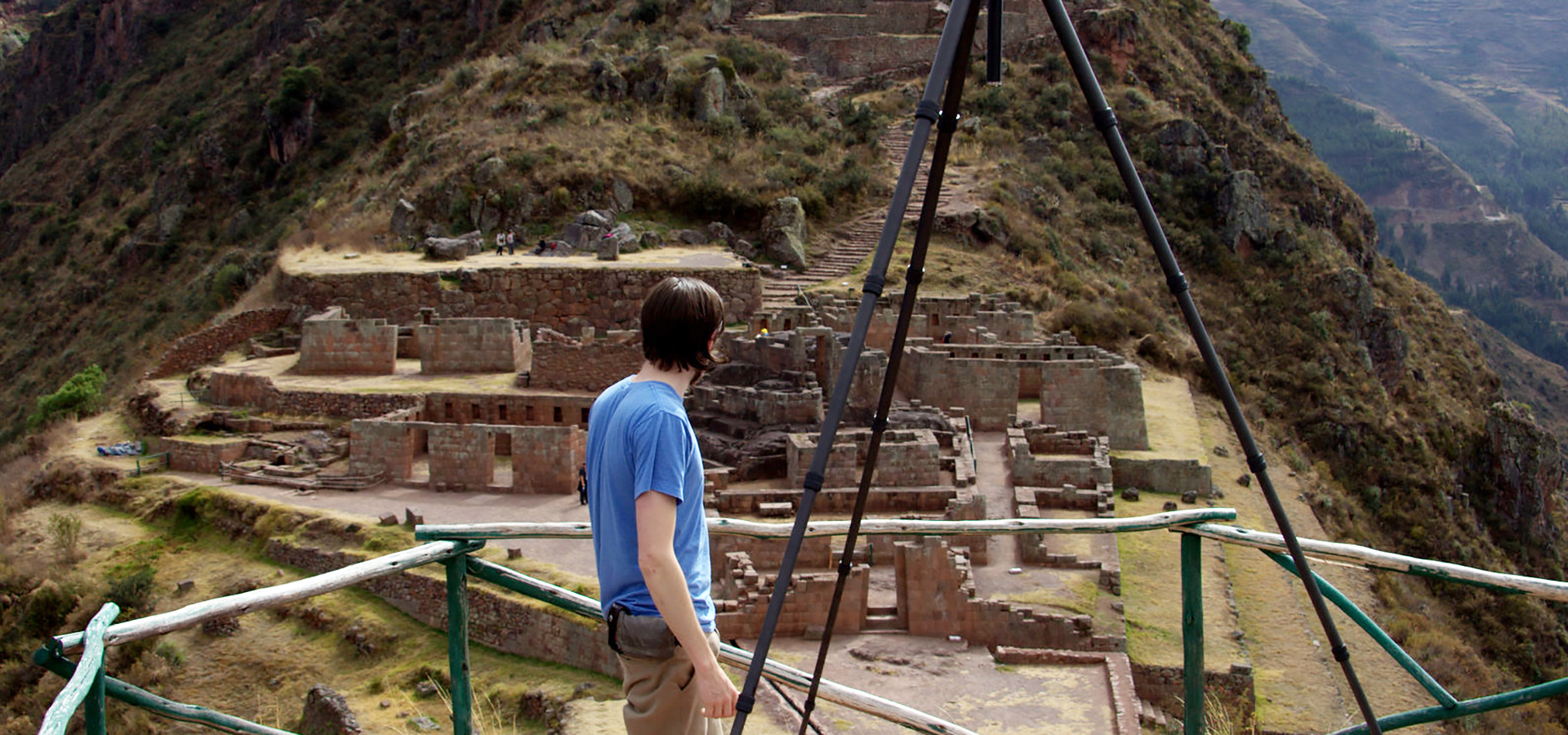 Jon Blundell, a 3D digitization specialist at the Smithsonian, capturing 3D data points of the Inka archaeological site at Pisac. Pisac, Peru, 2014. Photo by Samy Chiclla