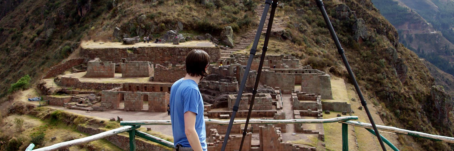 Jon Blundell, a 3D digitization specialist at the Smithsonian, capturing 3D data points of the Inka archaeological site at Pisac. Pisac, Peru, 2014. Photo by Samy Chiclla